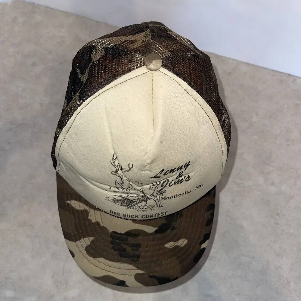 Vtg Deer hunting camo hat Men Snapback Lenny Jim’s Big Buck Contest Cap San Sun